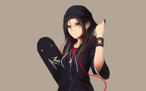 Anime Skater Girl Wearing Hoodie Wallpaper