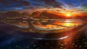 Anime Sunset Sky In Farmland Landscape Wallpaper