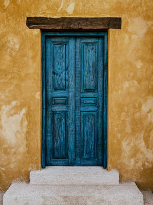 Antique Wooden Blue Double Door Wallpaper