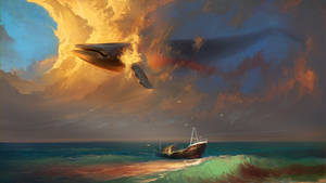 Art Of Blue Whale Floating In Clouds Wallpaper