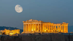 Athens Ruins And Full Moon Wallpaper