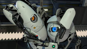 Atlas And P-body Hugging Portal 2 Dual Screen Wallpaper