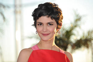 Audrey Tatou Curly Hair Red Dress Wallpaper