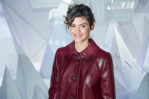 Audrey Tatou Red Coat White Background Wallpaper