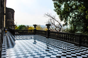 Balcony With Checkered Floor Wallpaper