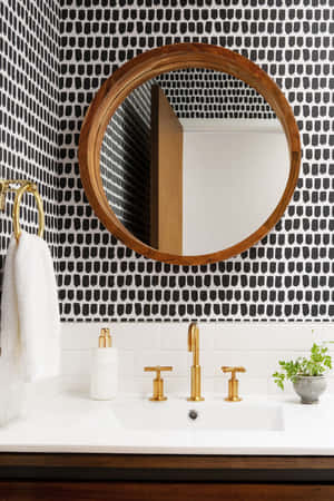 Bathroom Circular Wooden Mirror Wallpaper