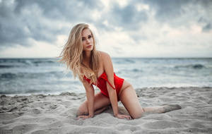 Beach Girl In Red Swimsuit Wallpaper