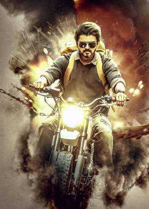 Beast Vijay Riding Motorcycle Wallpaper