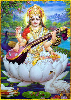 Beautiful Artwork Portraying Saraswati Devi Wallpaper