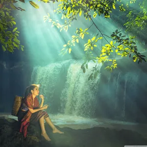 Beautiful Girl Near Waterfalls Wallpaper