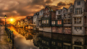 Beautiful Scenery Houses By The River Wallpaper