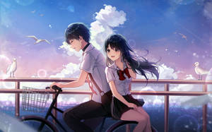 Bicycle Ride Aesthetic Anime Couple Wallpaper