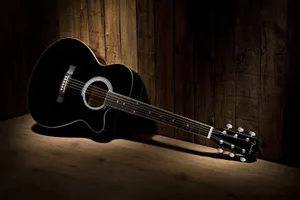 Black Acoustic Guitar Wooden Background Wallpaper