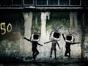 Black And White Graffiti Tv Heads By Banksy Wallpaper