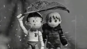 Black And White Rain Nobita Shizuka Wallpaper
