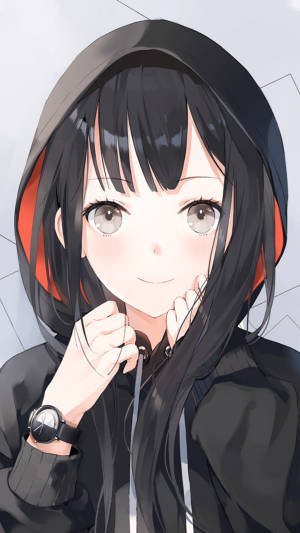 Black-haired Anime Girl Hoodie Wallpaper