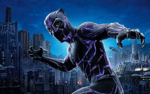 Black Panther Superhero Fighting Claws Cityscape Wallpaper