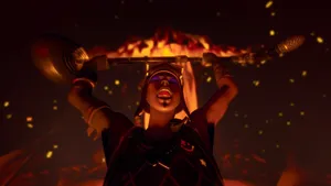 Blaze Fortnite Outfit Raising A Microphone Stand Wallpaper