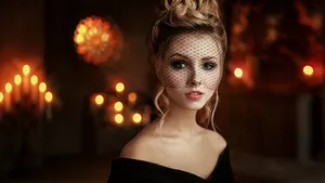 Blonde Female Model Black Net Veil Wallpaper