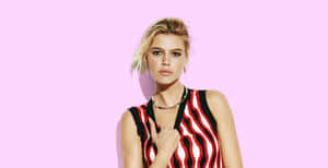 Blonde Model Striped Dress Pink Background Wallpaper