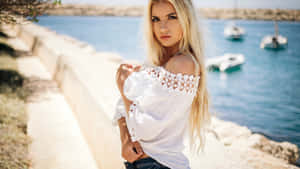 Blonde Woman Seaside Summer Outfit Wallpaper
