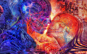 Blue And Red Artwork Kissing Hd Wallpaper