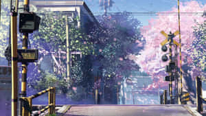 Blue Anime Aesthetic Desktop City Road Cherry Blossoms Wallpaper