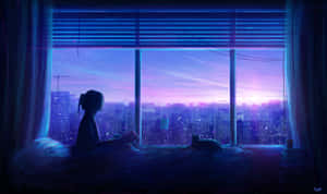 Blue Anime Girl Aesthetic On Wide Window Sunset Wallpaper