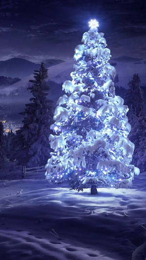 Blue Christmas Tree At Snowy Night Wallpaper