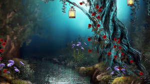 Blue Enchanted Forest Riverbank Wallpaper