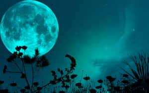 Blue Green Large Night Sky Moon Wallpaper