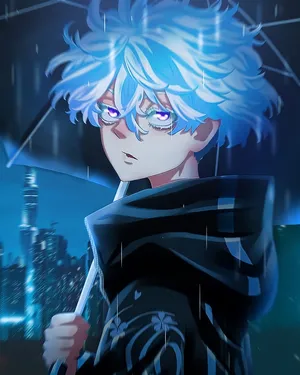 Blue Haired Anime Character Rainy Cityscape Wallpaper