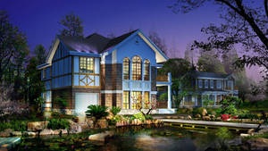Blue House Lake Garden Wallpaper