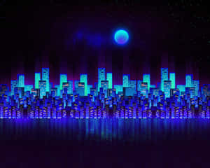 Blue Neon Cityscape Reflection Wallpaper