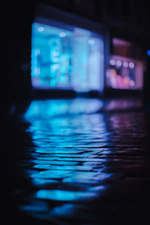 Blue Neon Glow Cobblestone Street Wallpaper