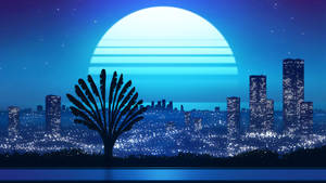 Blue Retrowave Moon City Wallpaper
