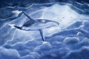 Blue Whale Flying Near Clouds Wallpaper