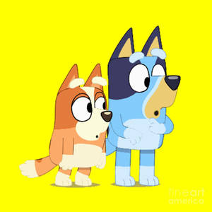 Bluey And Bingo Looking Curious Yellow Wallpaper
