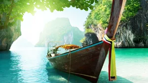 Boat On Blue Beach Wallpaper