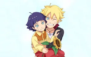 Boruto Carrying Himawari With Sunflower Wallpaper
