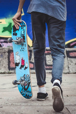 Boy Walking With Skateboard Iphone Wallpaper