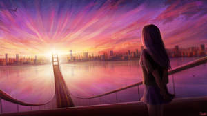 Bridge Top Anime Aesthetic Sunset Wallpaper