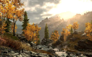 Bright Sunset Mountain Skyrim Landscape Wallpaper