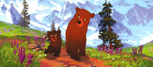 Brother Bear Kenai And Koda Walking On Field Wallpaper