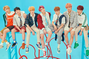 Bts Group Photo In Blue Wallpaper