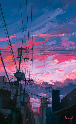 Buildings And Wires Anime Aesthetic Sunset Wallpaper