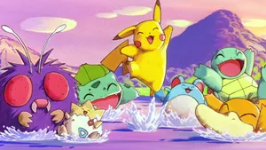 Bulbasaur Splashing With Friends Wallpaper