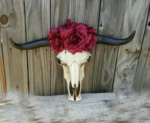 Bull Skull With Flower On Wooden Wall Wallpaper