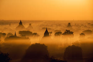 Burma Pagoda Spires Sunset Wallpaper