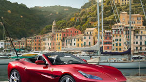 Busy Port With Red Ferrari Ipad Wallpaper